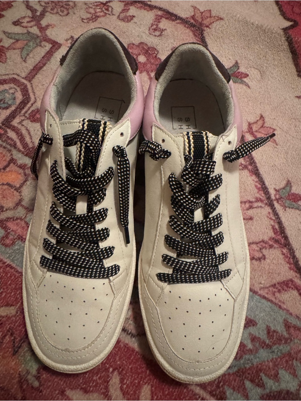 ShuShop Cream and Pink Low-Top Sneakers with Black Polka-Dot Laces